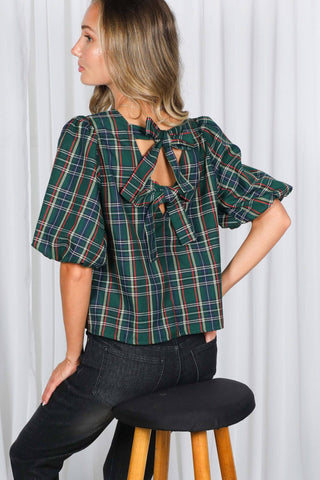 V-Back 2 Bow Accent Feminine Plaid Blouse Top VT82621A: Hunter Green / M