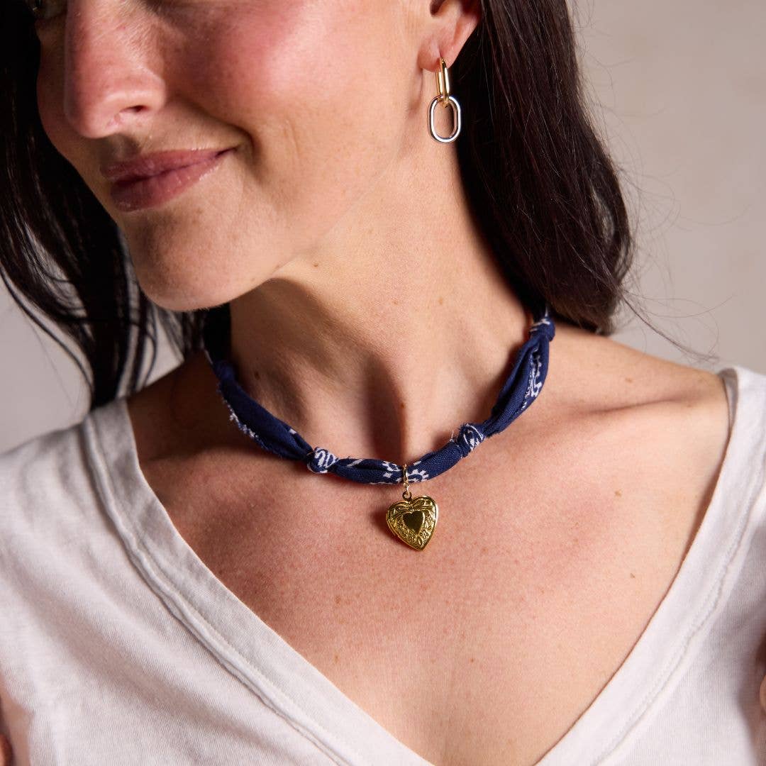 Navy Bandana Necklace: Silver Oversized Heart Charm / Navy