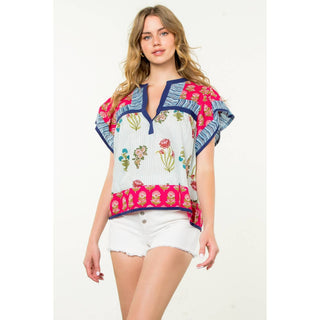 Logan Striped Floral Flutter Sleeve Top: MAGENTA