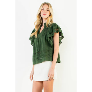 V Neck Fluttered Cut Out Top: OLIVE / XS-S-M-L(1-2-2-1)