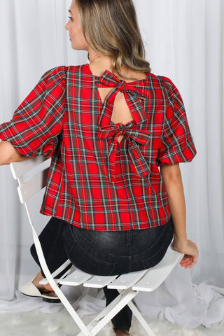 V-Back 2 Bow Accent Feminine Plaid Blouse Top VT82621A: Hunter Green / L