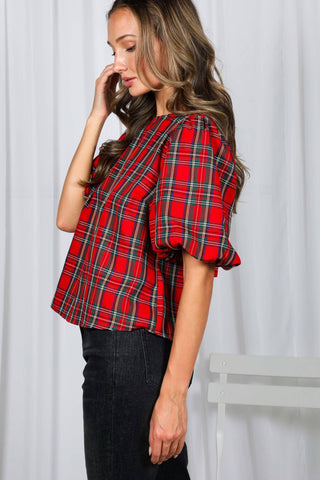 V-Back 2 Bow Accent Feminine Plaid Blouse Top VT82621A: Hunter Green / L