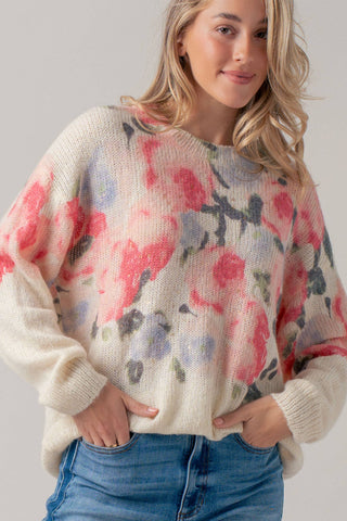 Oversized Floral Print Soft Knit Sweater: CREAM MULTI / SM-ML (3-3)