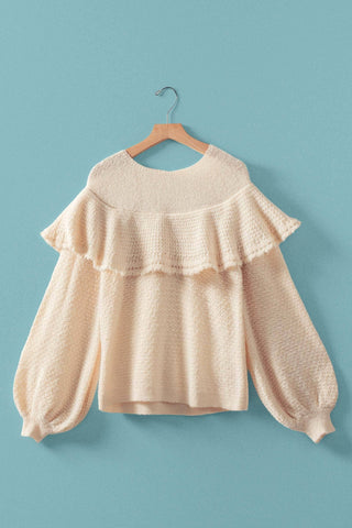 Ruffle Yoke Blouson Sleeve Knit Sweater: NATURAL / S-M-L:2-2-2
