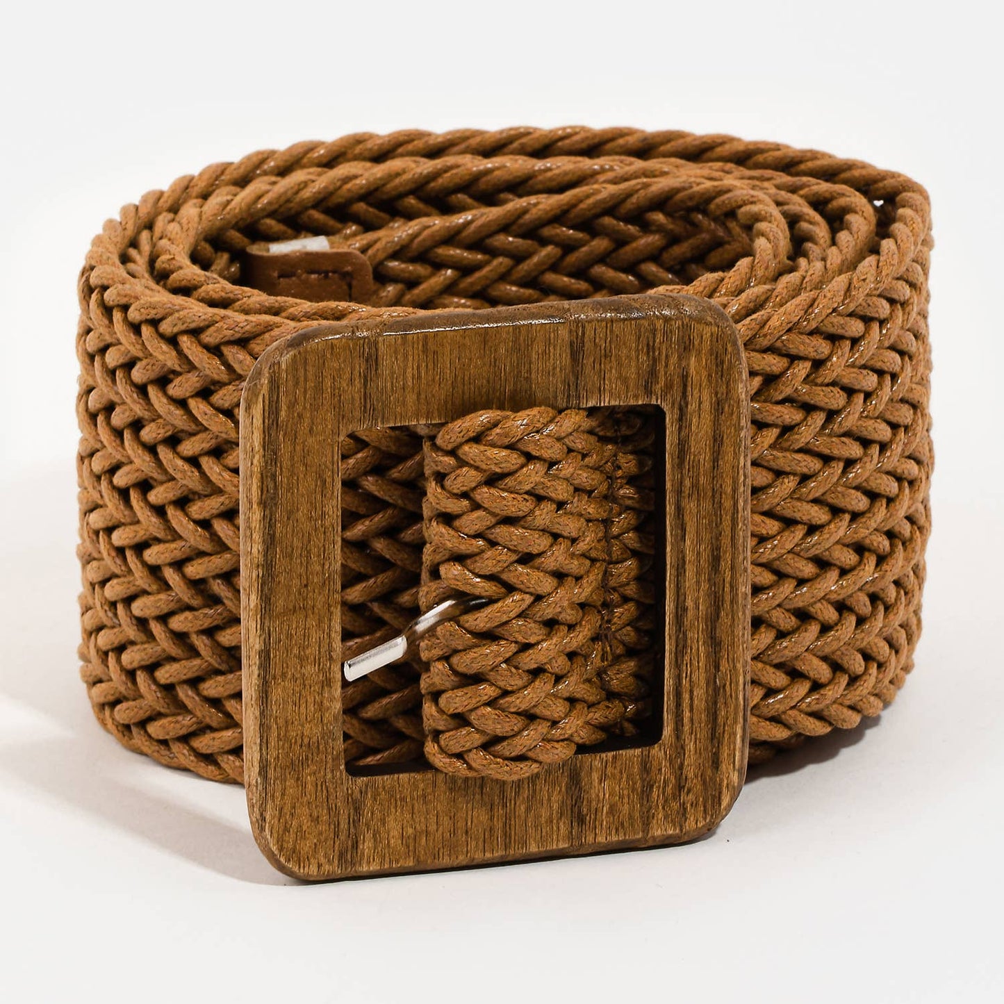 Wooden Square Buckle Braided Belt: Ivory