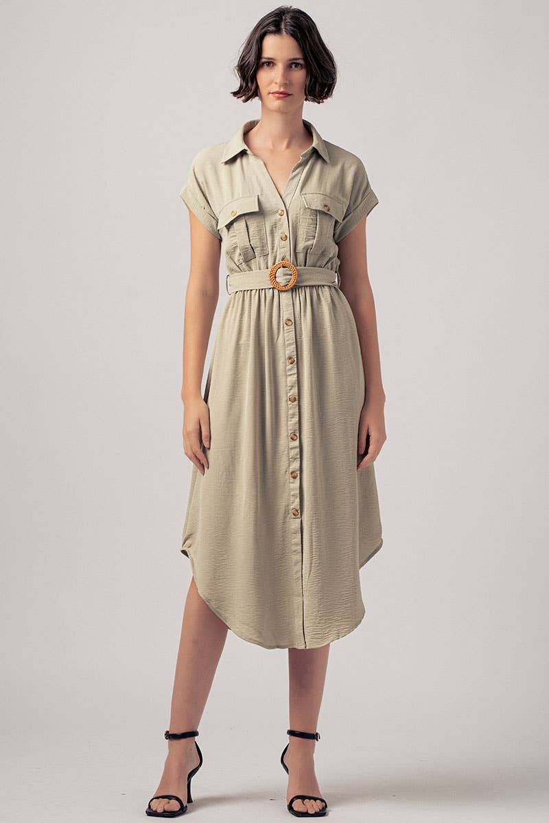 Stationary Icon Midi Shirt Dress: LT KHAKI / S-2/M-2/L-2