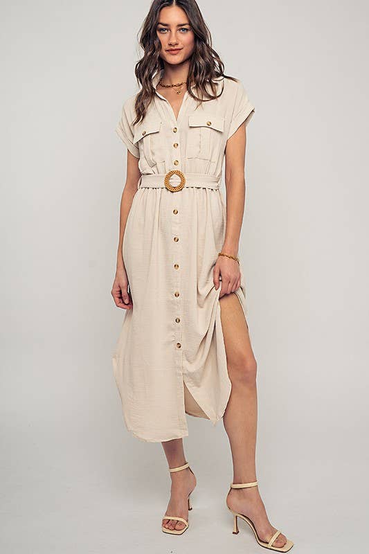 Stationary Icon Midi Shirt Dress: LT KHAKI / S-2/M-2/L-2