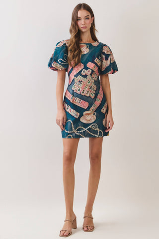 Mahjong Print Shift Mini Dress