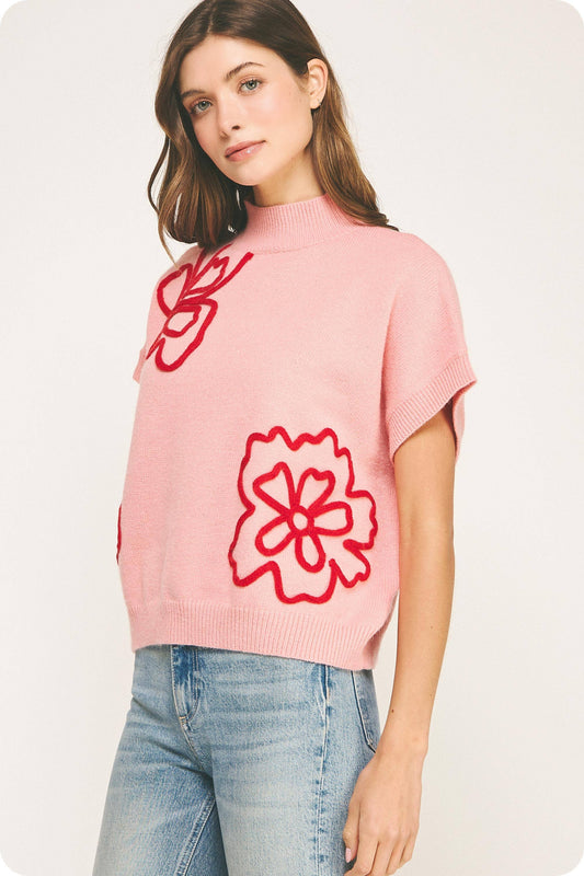 Claire Floral Embroidered Knit Top: Pink