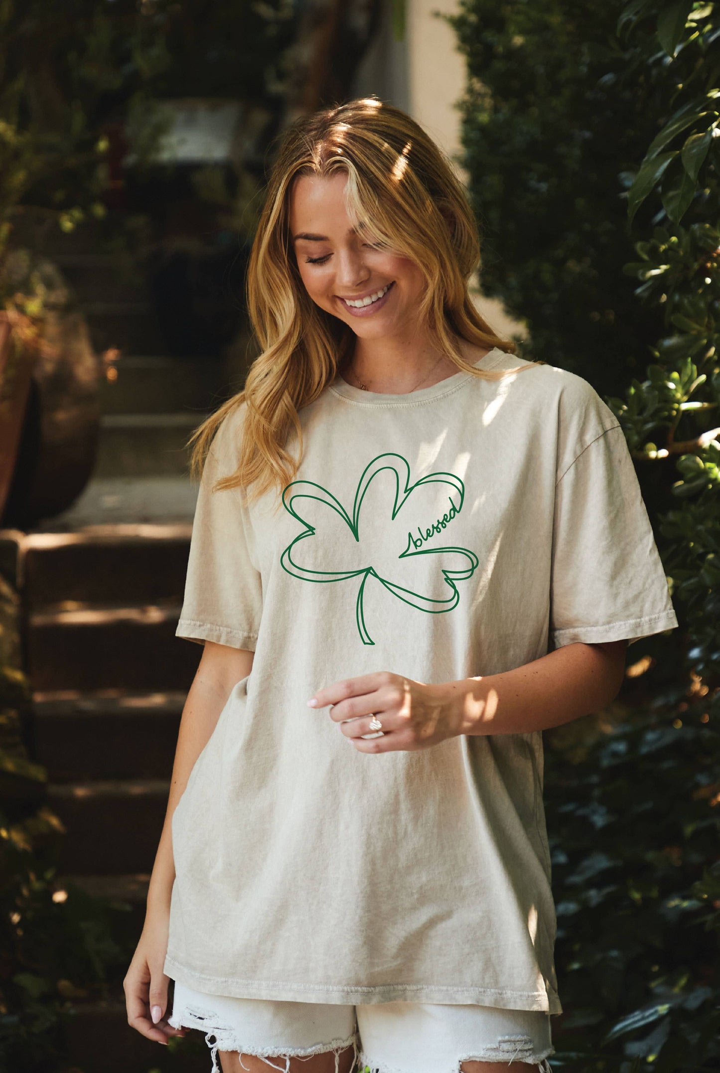 BLESSED CLOVER Oversized Graphic Top: VINTAGE JADE