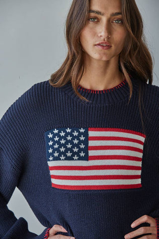 W2411 | Knit Sweater Crew American Flag Pullover: Navy / M