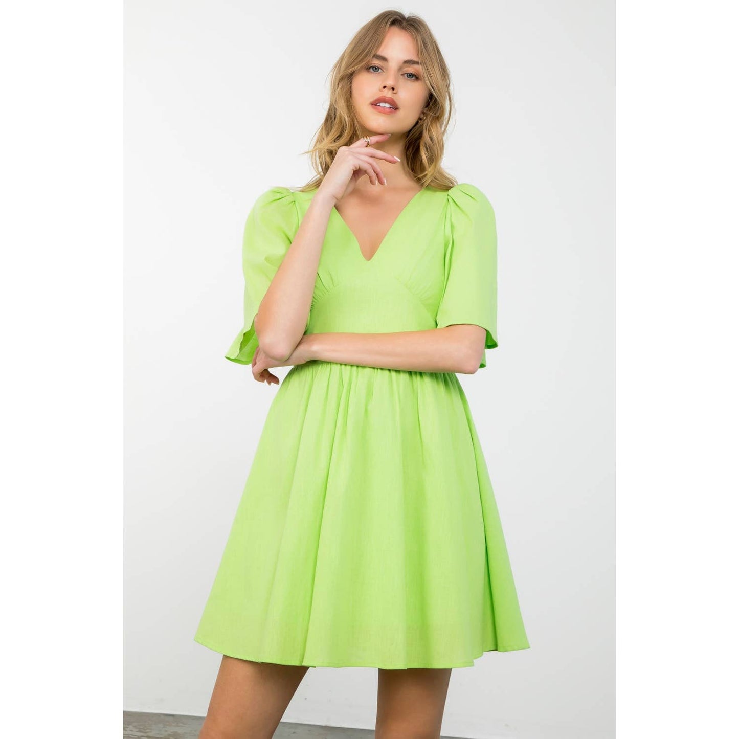 Avery Puff Sleeve V-Neck Solid Mini Dress: LIME