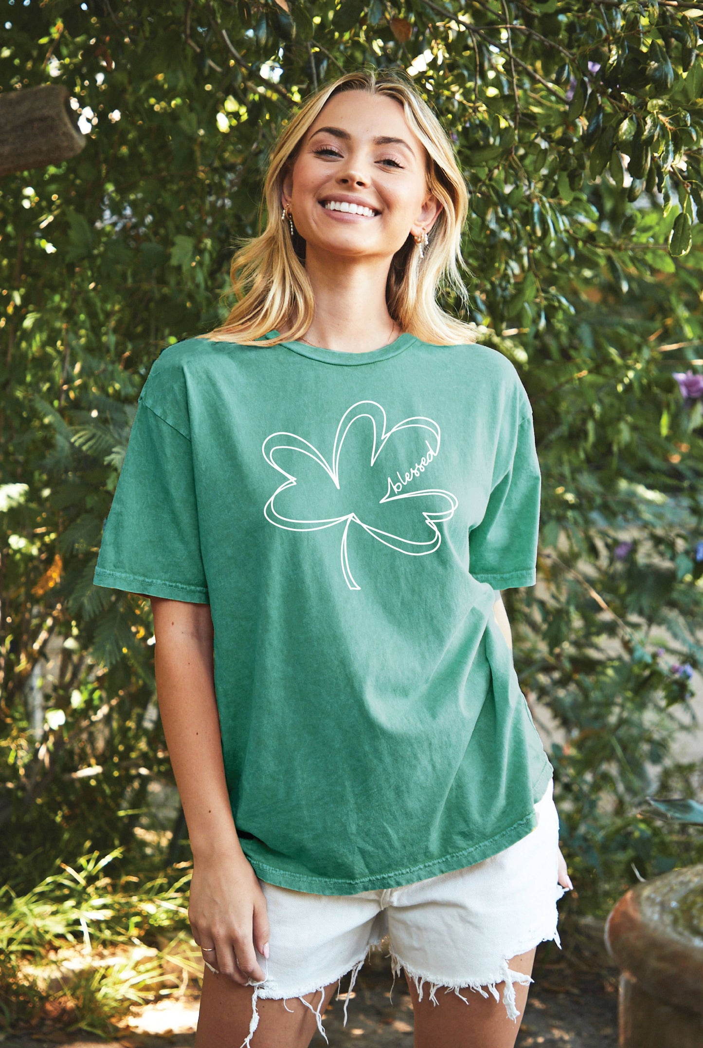 BLESSED CLOVER Oversized Graphic Top: VINTAGE JADE