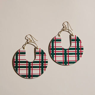 Ecru Holiday Tartan Leo Leather Statement Hoop Earrings: Silver