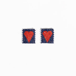 Kallie Heart Rectangle Post Beaded Earrings Navy Red