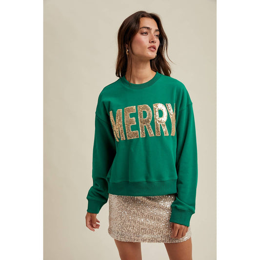 'MERRY' SEQUIN SWEATSHIRT: Green
