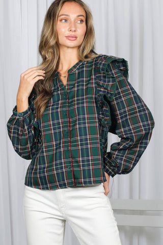 Madison Lace Trim Ruffle Accent Plaid Blouse