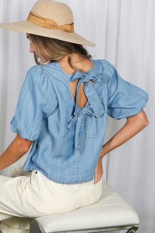 Back Bow Accent Feminine100%Tencel Chambray Top VT82621B: Light Denim / L
