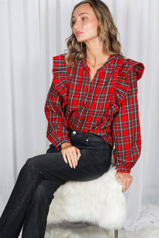 Madison Lace Trim Ruffle Accent Plaid Blouse