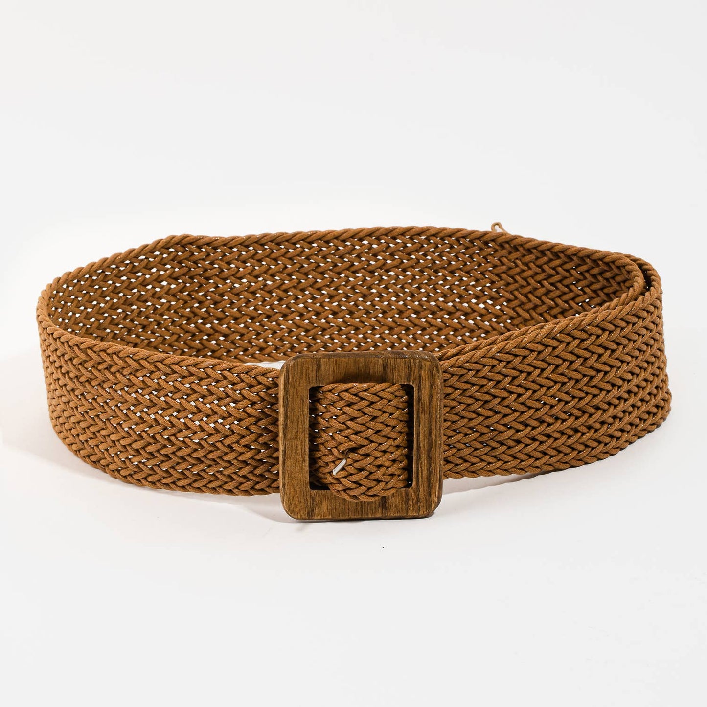 Wooden Square Buckle Braided Belt: Brown