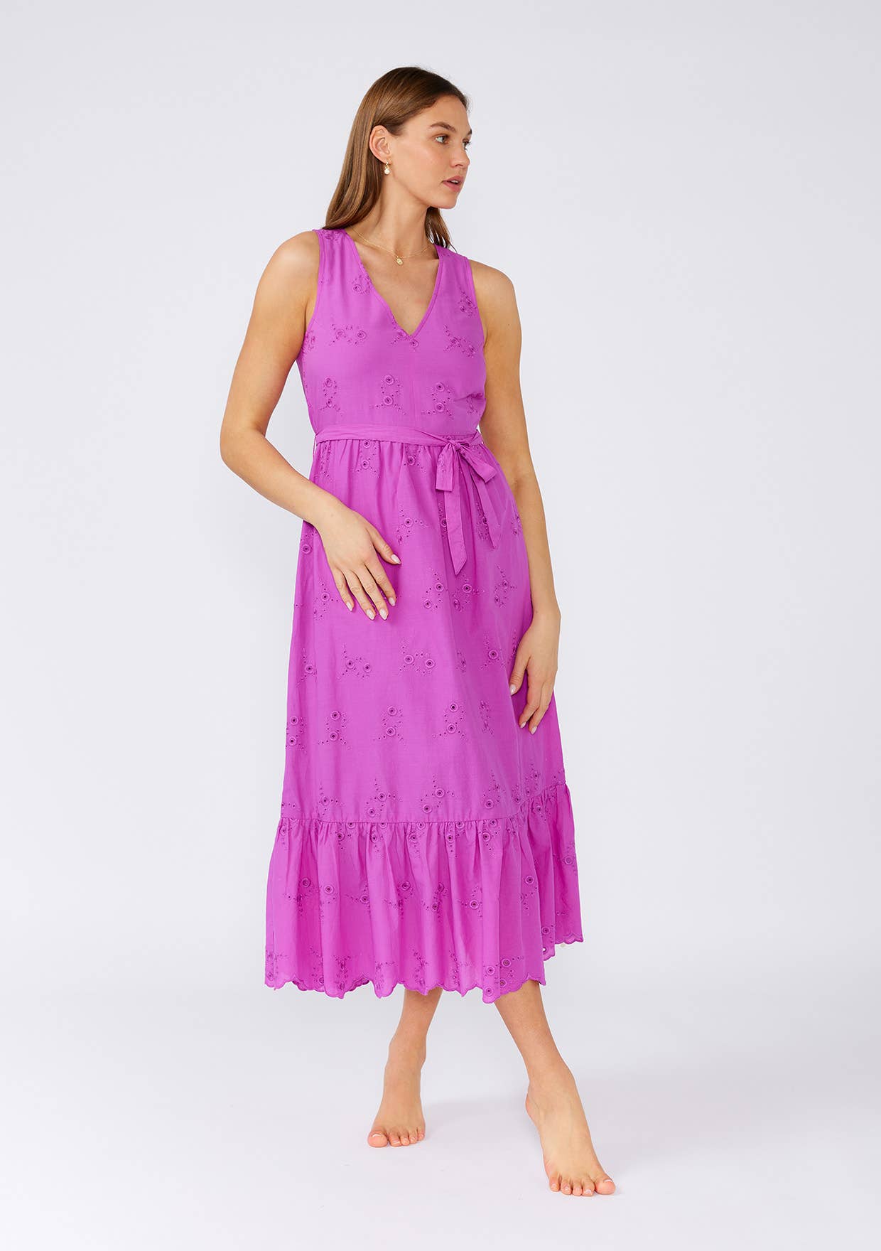 Cotton Embroidered Eyelet V Neck Belted Midi Dress: Orchid