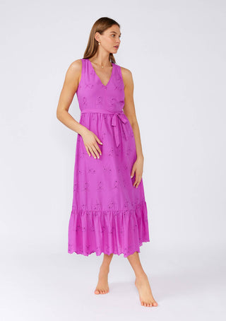 Cotton Embroidered Eyelet V Neck Belted Midi Dress: Orchid