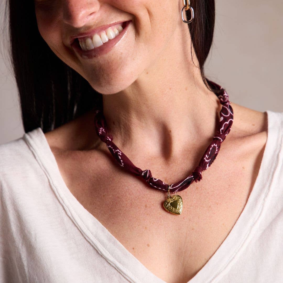 Burgundy Bandana Necklace: Clear Acrylic Heart Charm - Gold / Burgundy