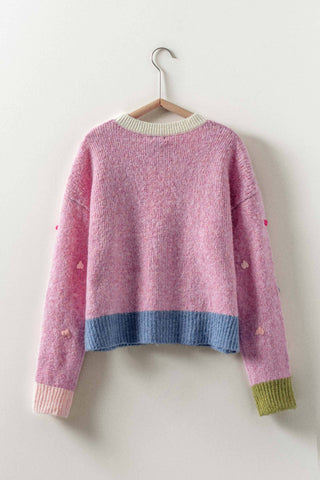 Embroidered Heart Colorblock Knit Sweater