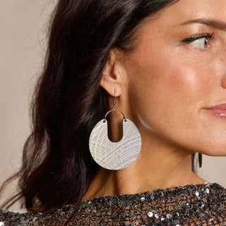 Gray Metallic Lattice Leo Leather Statement Hoop Earrings