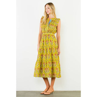 Floral Tiered Long Dress: GREEN / XS-S-M-L(1-2-2-1)