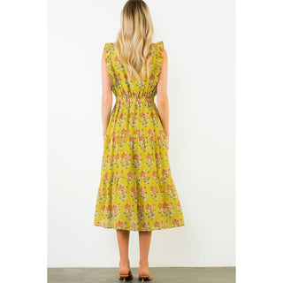 Floral Tiered Long Dress: GREEN / XS-S-M-L(1-2-2-1)