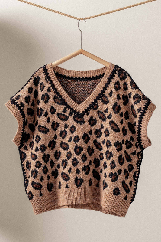 Leopard Crochet Trim Sweater Vest: LEOPARD / SM-ML:3-3