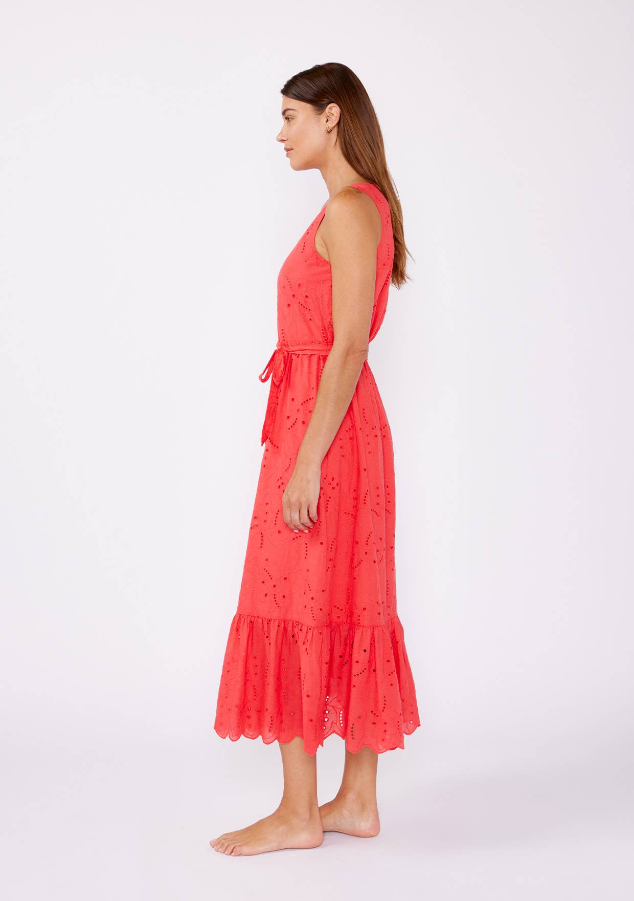 V-Neck Eyelet Midi Dress with Waist Belt: Coral
