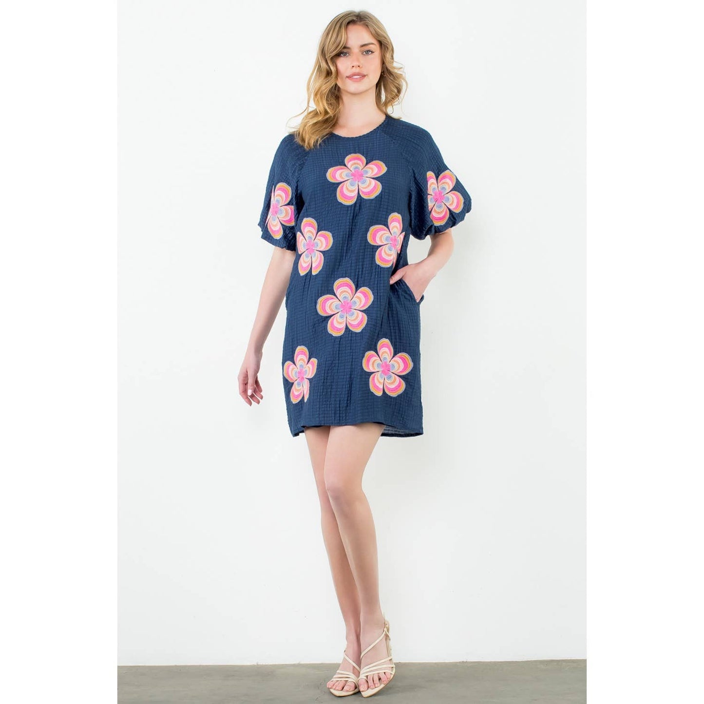Flower Embroidered Textured Dress: NAVY