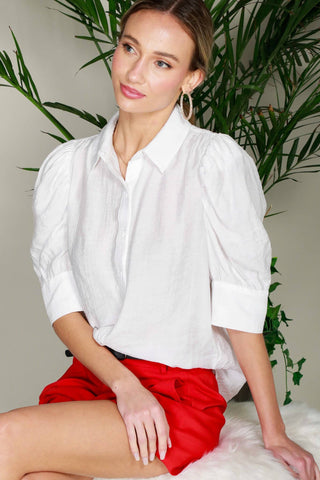 Collared Neckline Puff Short-Sleeve Blouse Top VT81707C: Taupe / S