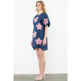 Flower Embroidered Textured Dress: NAVY
