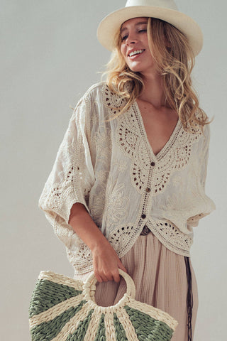 Floral Embroidered Lace Button Front Top: NATURAL