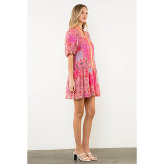 Puff Sleeve Multi Print Dress: PINK