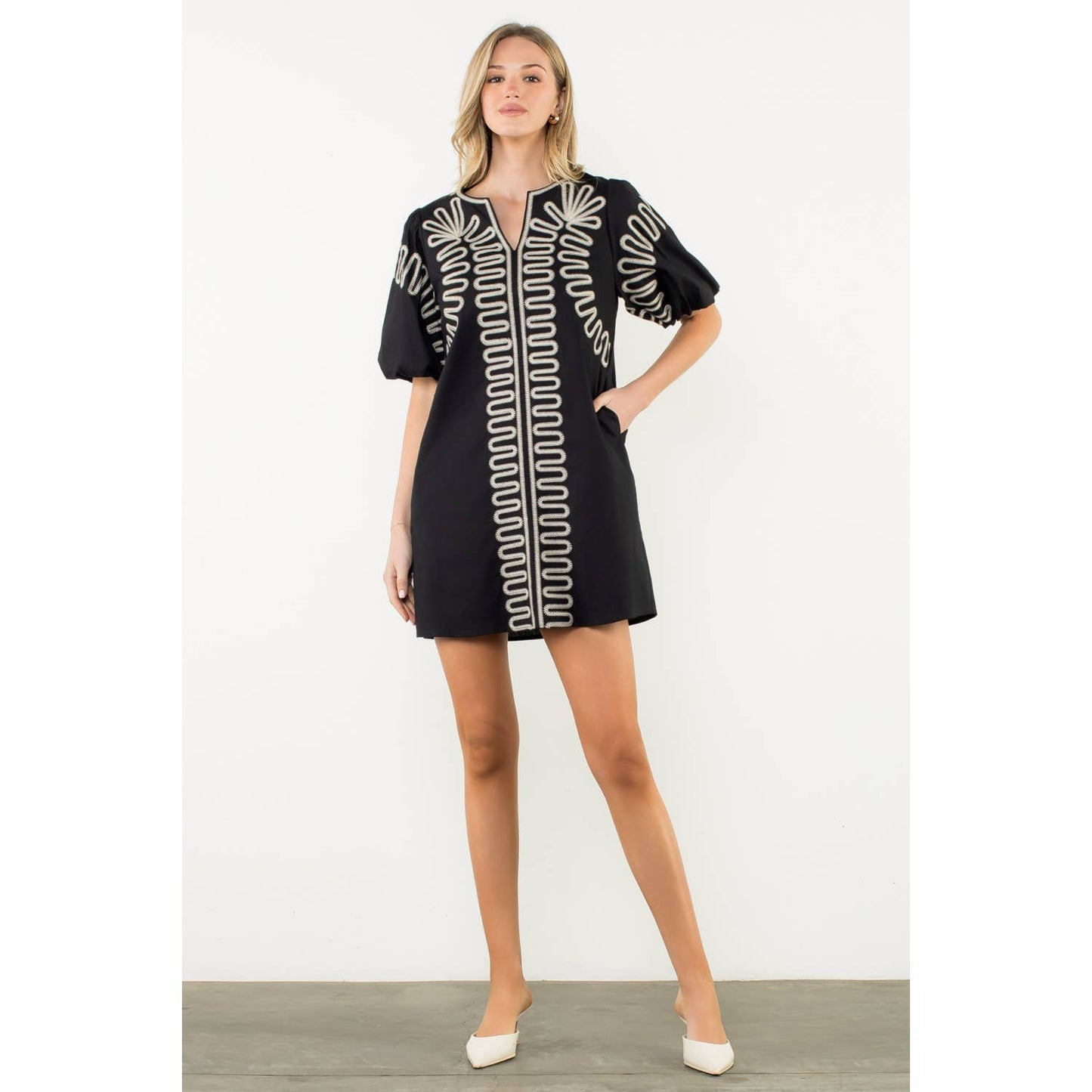 Amelia Embroidered Puff Sleeve V-Neck Dress: Black