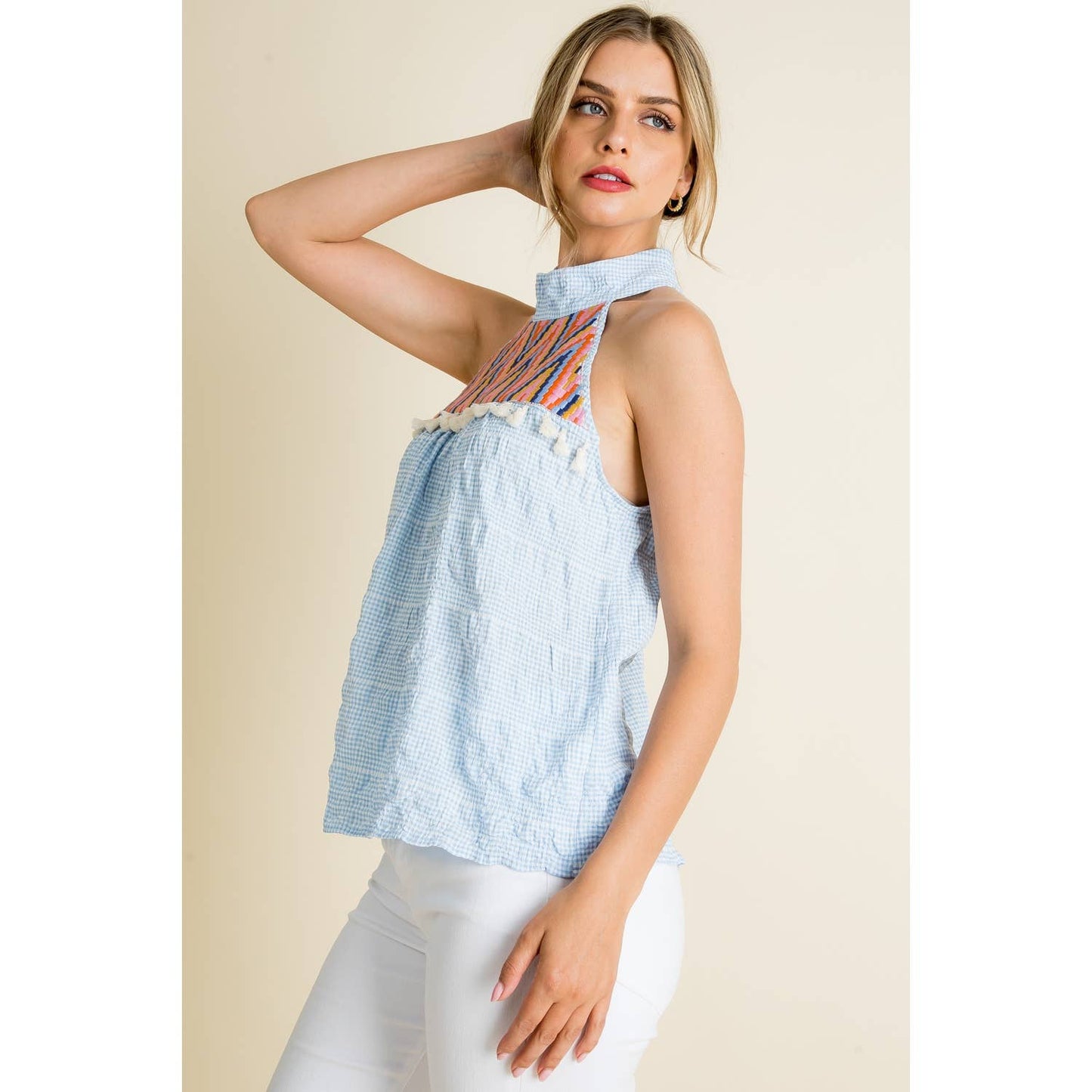 Embroidered Gingham Print Halter Top