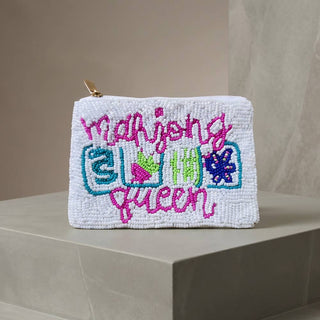 Mahjong Queen Script Beaded Coin Pouch: WHITE