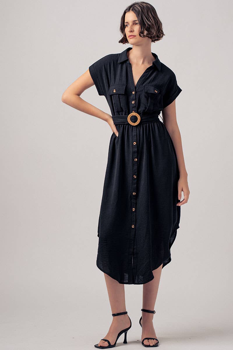 Stationary Icon Midi Shirt Dress: BLACK / S-2/M-2/L-2