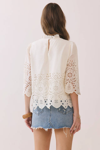 CT9629-Floral Eyelet Embroidery Detail Solid Top: Ivory / L