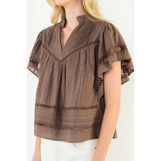 V Neck Fluttered Cut Out Top: OLIVE / XS-S-M-L(1-2-2-1)