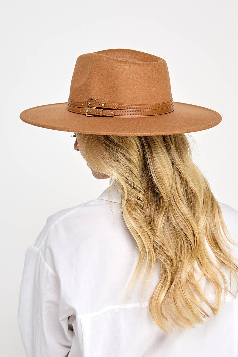 Double Belt Strap Fedora Fashion Hat: Brown