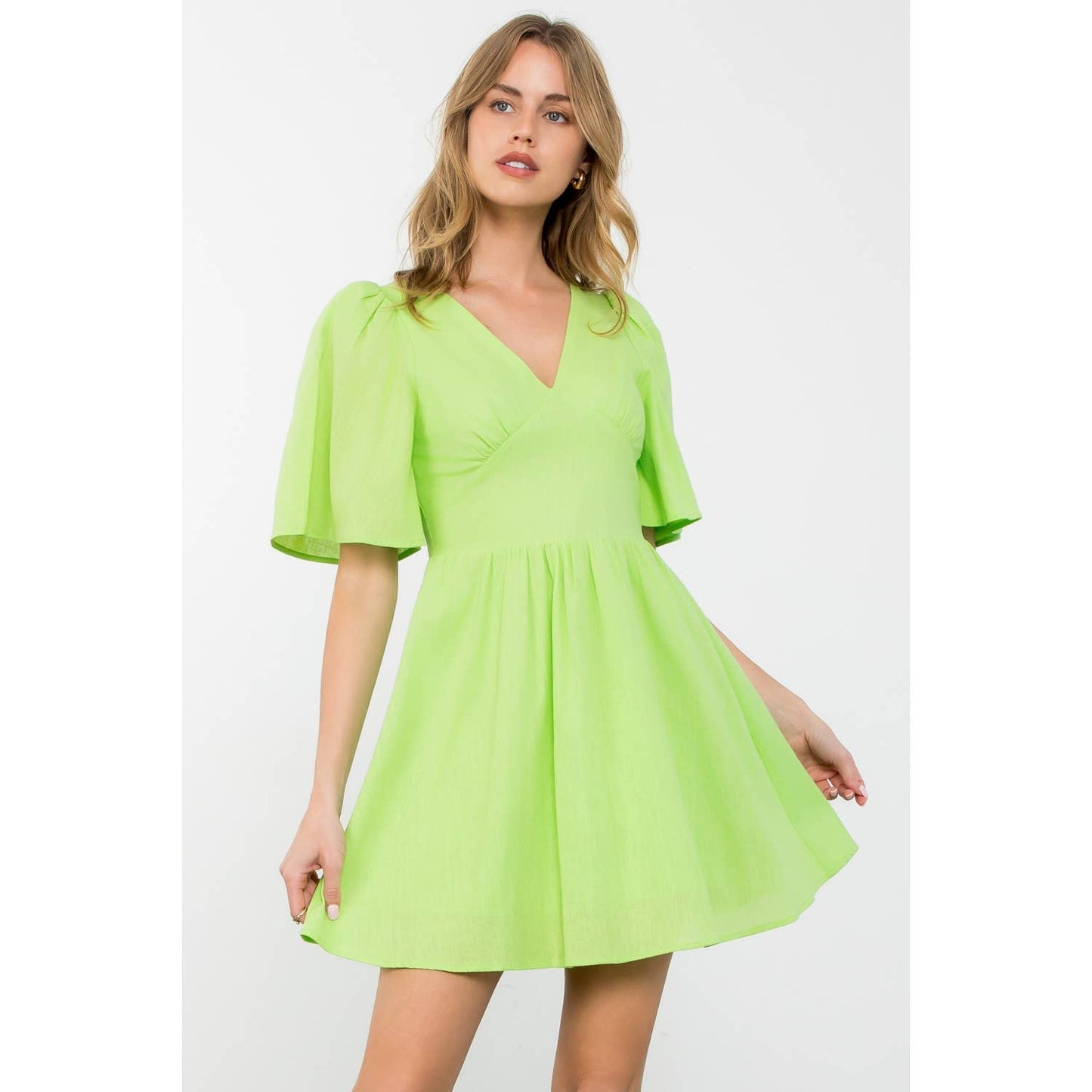 Avery Puff Sleeve V-Neck Solid Mini Dress: LIME