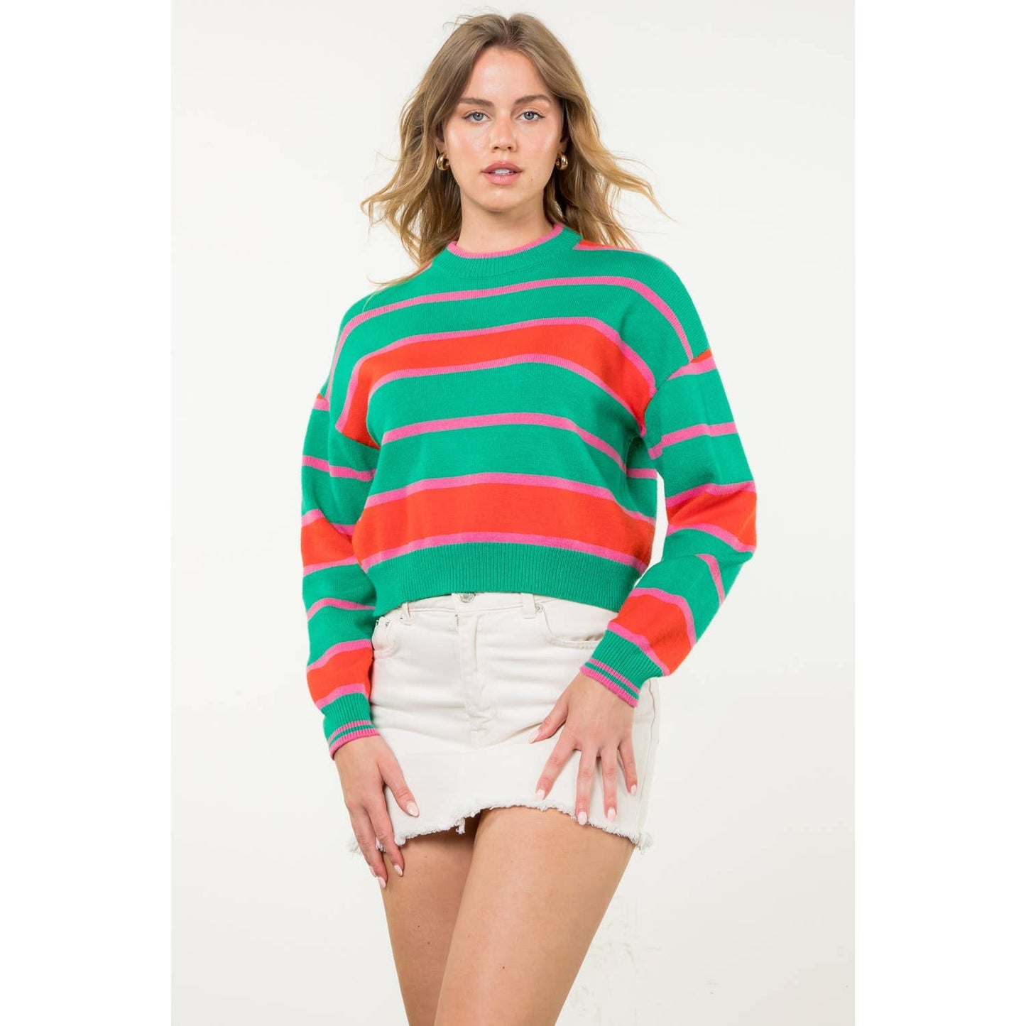 Striped Pattern Knit Sweater: GREEN