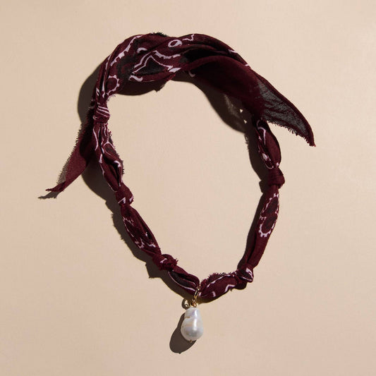 Burgundy Bandana Necklace: Clear Acrylic Heart Charm - Gold / Burgundy