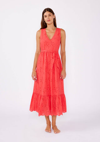 V-Neck Eyelet Midi Dress with Waist Belt: Coral
