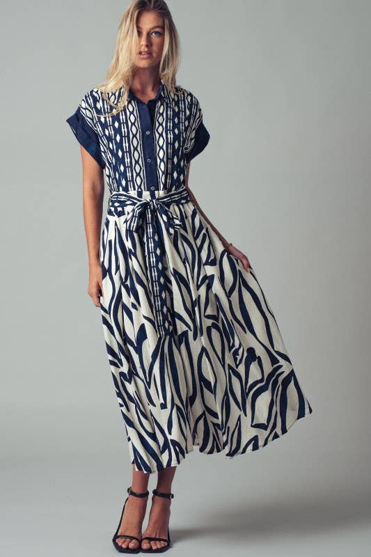 Abstract Print Button-Down Midi Dress: NAVY / S-2/M-2/L-2